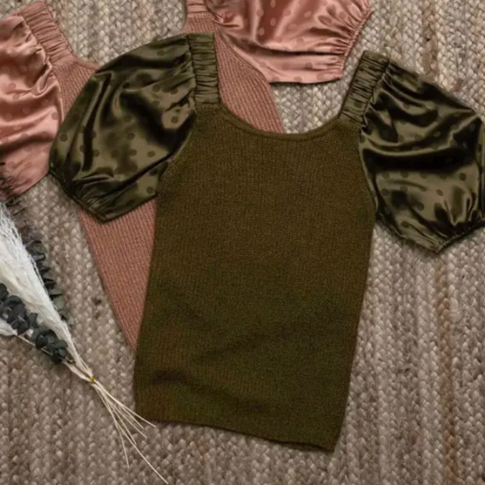 Polka Dot Puff Sleeve Knit Top - Olive Green - Mardi Gras Style